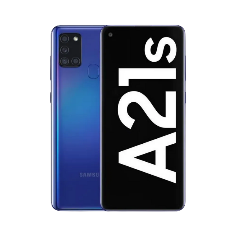 Samsung Galaxy A21s bleu vu de face et de dos – réparation écran LCD, remplacement batterie et vitre arrière avec iTelier Lyon – diagnostic gratuit, service express, garantie pièces et main-d’œuvre.