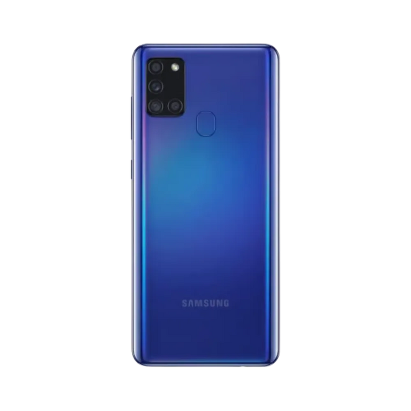 Dos bleu Samsung Galaxy A21s avec quadruple caméra – réparation vitre arrière fissurée, changement batterie et restauration esthétique par iTelier Lyon – expertise locale, diagnostic offert, service garanti 1 an.