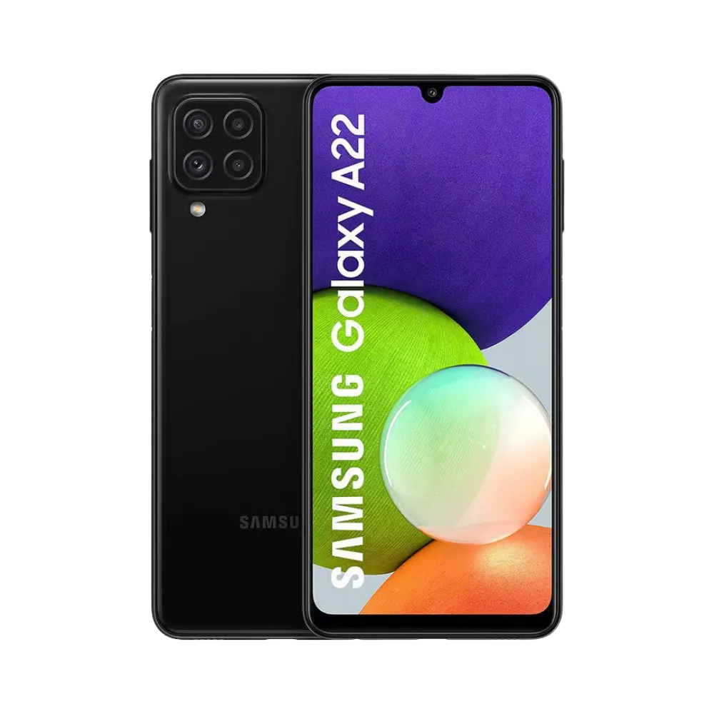 Samsung Galaxy A22 4G noir vu de face et de dos – réparation écran Super AMOLED, remplacement batterie et vitre arrière avec iTelier Lyon – diagnostic offert, service express, garantie pièces et main-d’œuvre.