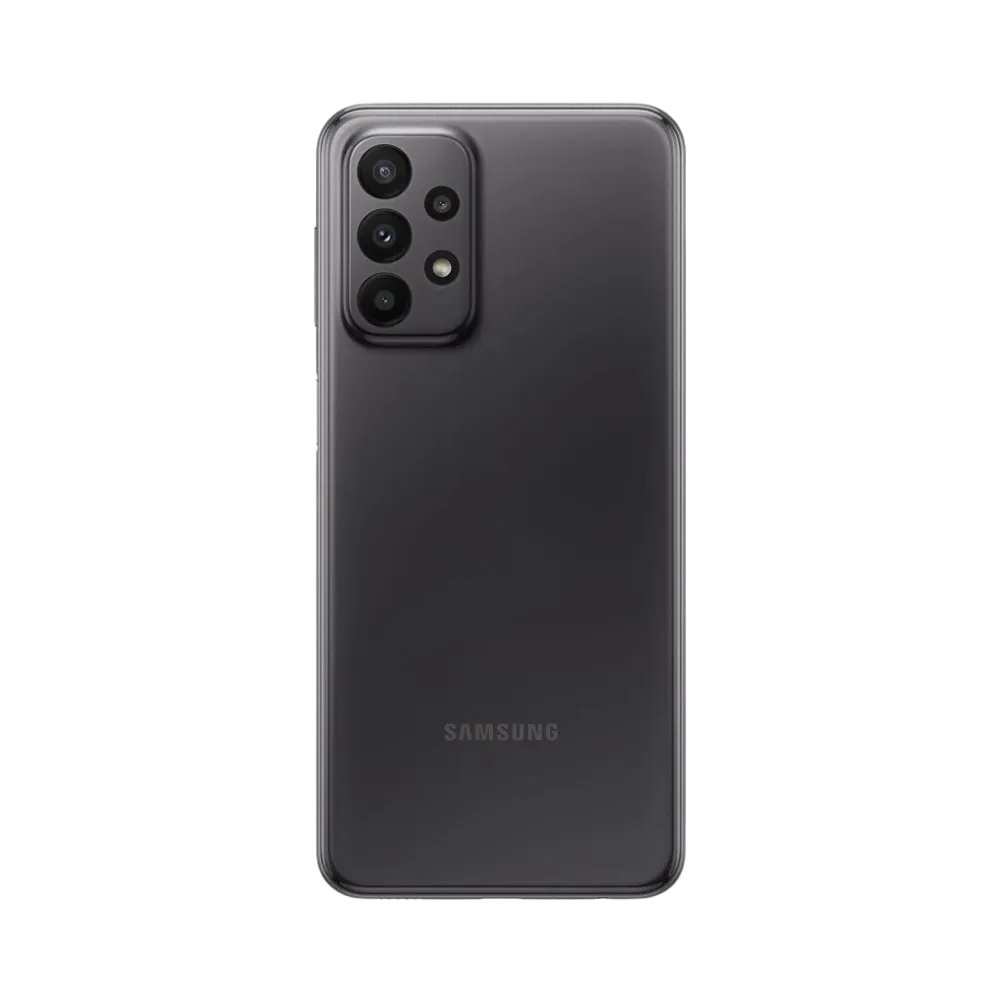 Dos noir Samsung Galaxy A23 4G avec quadruple caméra – réparation vitre arrière cassée, changement batterie et restauration esthétique par iTelier Lyon – expertise locale, diagnostic offert, service garanti 1 an.
