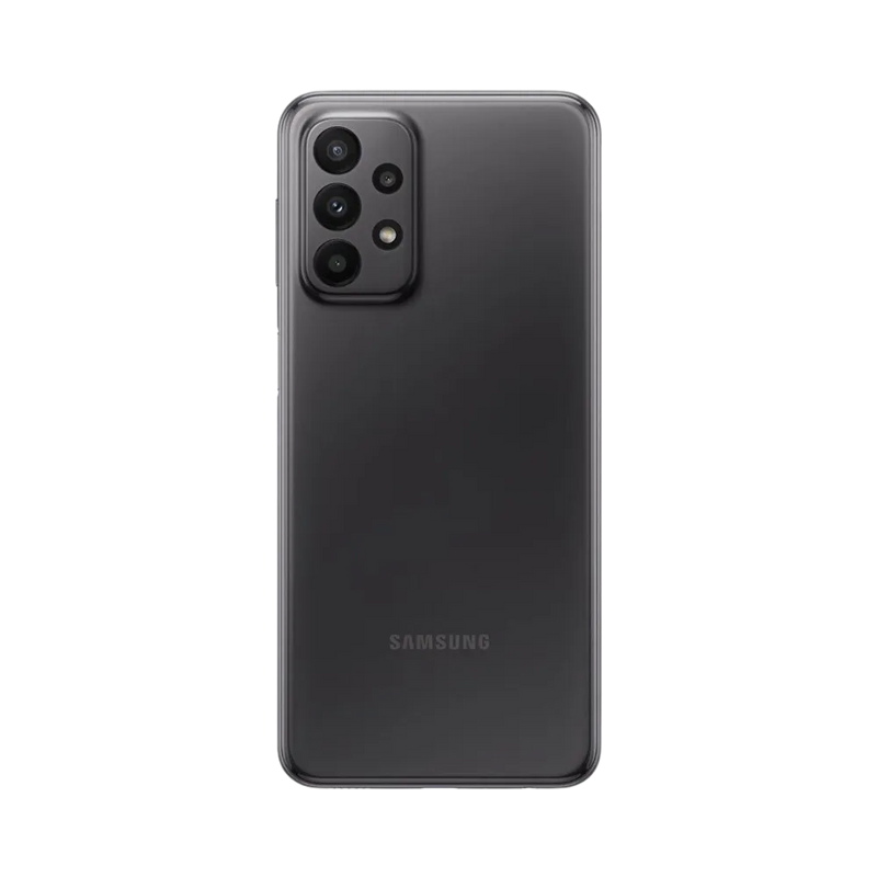 Dos noir Samsung Galaxy A23 4G avec quadruple caméra – réparation vitre arrière cassée, changement batterie et restauration esthétique par iTelier Lyon – expertise locale, diagnostic offert, service garanti 1 an.