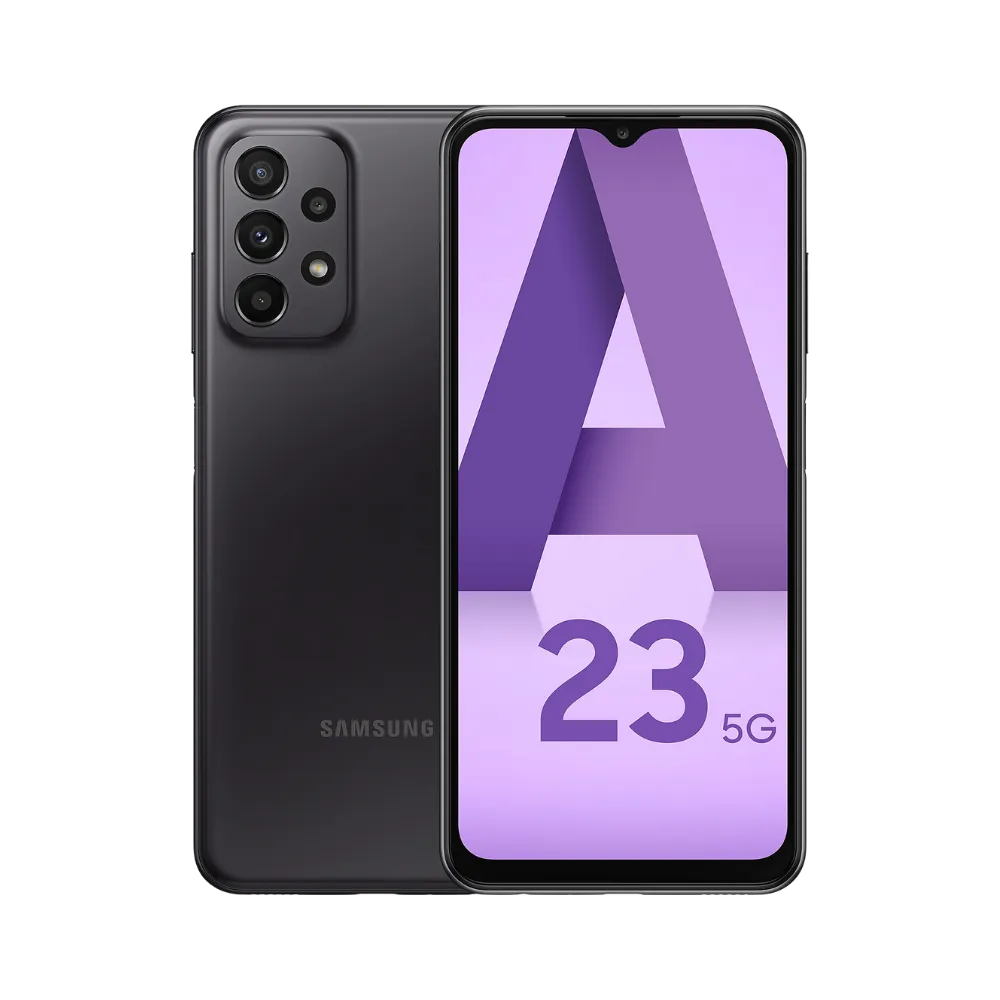 Samsung Galaxy A23 5G noir vu de face et de dos – réparation écran LCD/AMOLED, remplacement batterie et vitre arrière avec iTelier Lyon – diagnostic offert, service rapide, garantie pièces et main-d’œuvre.