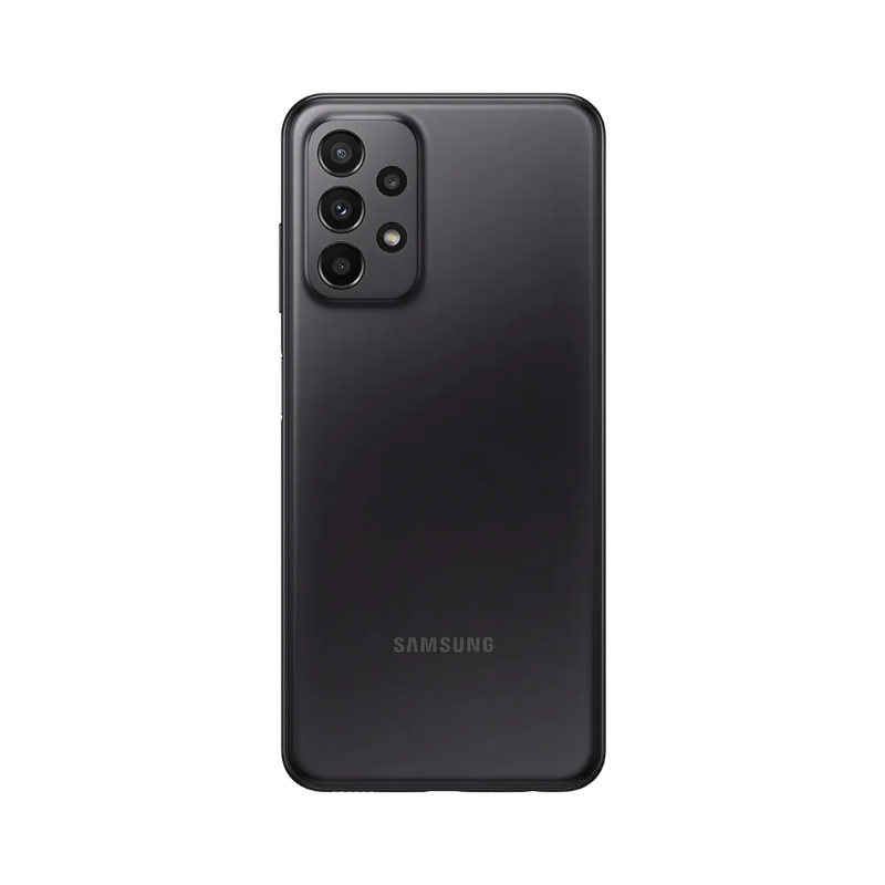 Dos noir Samsung Galaxy A23 5G avec quadruple caméra – réparation vitre arrière cassée, changement batterie et restauration esthétique par iTelier Lyon – expertise locale, diagnostic gratuit, service garanti 1 an.