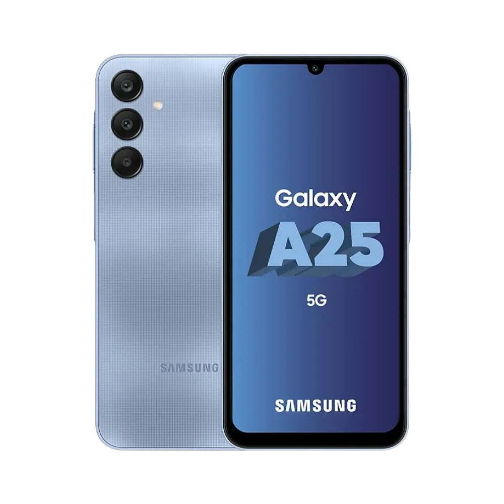 Samsung Galaxy A25 5G bleu vu de face et de dos – réparation écran Super AMOLED, remplacement batterie et vitre arrière avec iTelier Lyon – diagnostic gratuit, service express, garantie pièces et main-d’œuvre.