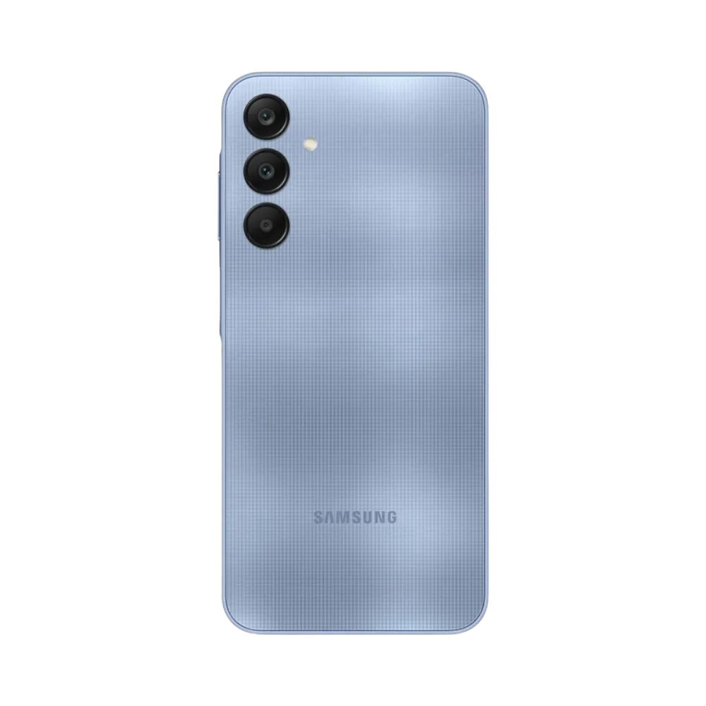 Dos bleu Samsung Galaxy A25 5G avec triple caméra – réparation vitre arrière endommagée, changement batterie et restauration esthétique par iTelier Lyon – expertise locale, diagnostic offert, garantie 1 an.