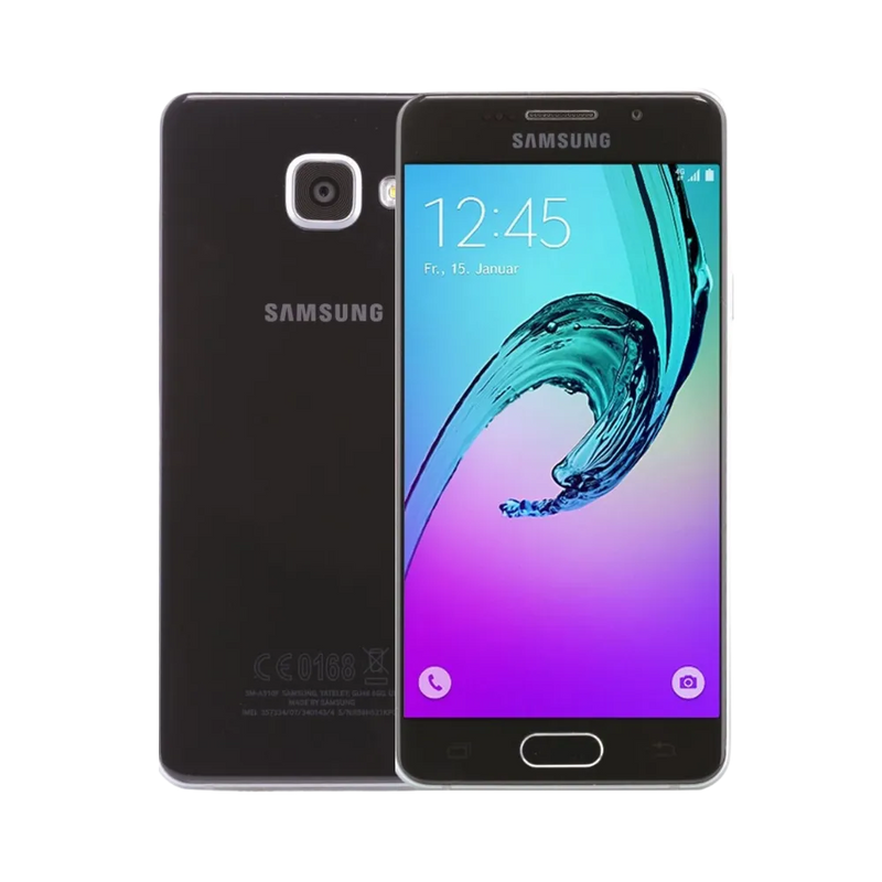 Samsung Galaxy A3 2016 noir vu de face et de dos – réparation écran AMOLED fissuré, remplacement batterie et vitre arrière avec iTelier Lyon – diagnostic gratuit, service express en boutique ou envoi postal sécurisé partout en France.