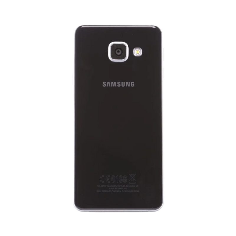Dos noir Samsung Galaxy A3 2016 avec capteur photo carré – remplacement vitre arrière brisée, changement batterie et restauration complète avec iTelier Lyon – réparation professionnelle garantie 12 mois.