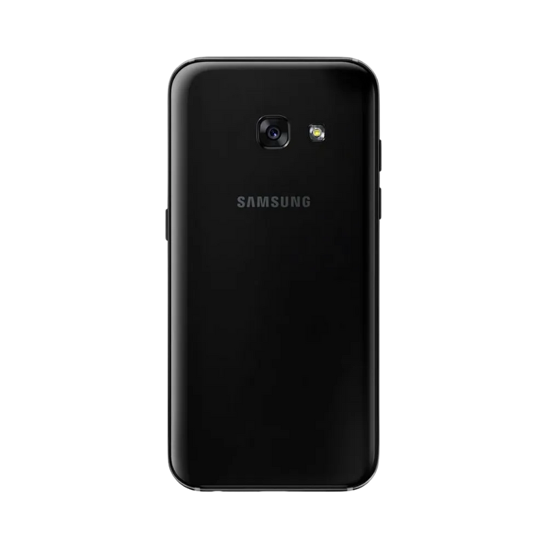 Dos noir Samsung Galaxy A3 2017 avec capteur photo LED – réparation vitre arrière brisée, remplacement batterie et restauration complète avec iTelier Lyon – réparation professionnelle garantie 12 mois.