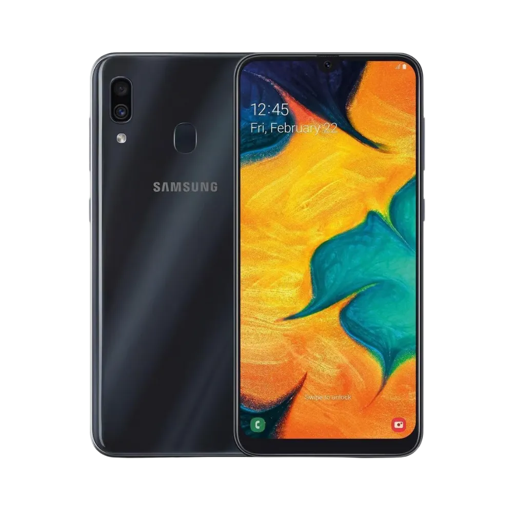 Samsung Galaxy A30 noir vu de face et de dos – réparation écran Super AMOLED, remplacement batterie et vitre arrière avec iTelier Lyon – diagnostic gratuit, service express, garantie pièces et main-d’œuvre.