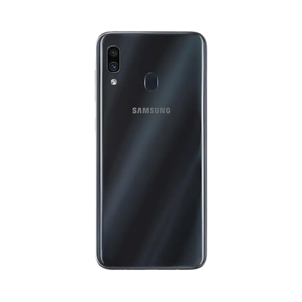 Dos noir Samsung Galaxy A30 avec double caméra et capteur d’empreintes – réparation vitre arrière cassée, changement batterie et restauration esthétique par iTelier Lyon – service expert, diagnostic offert, garantie pièces et main-d’œuvre.