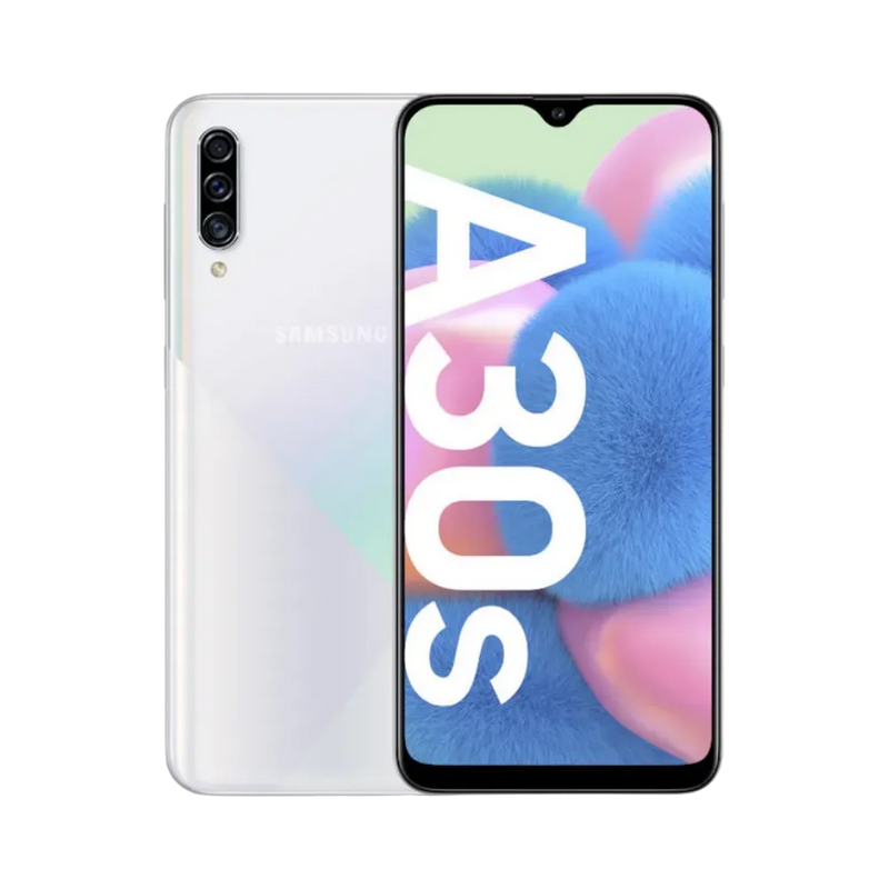 Samsung Galaxy A30s blanc vu de face et de dos – réparation écran Super AMOLED, remplacement batterie et vitre arrière avec iTelier Lyon – diagnostic gratuit, service express, garantie pièces et main-d’œuvre.