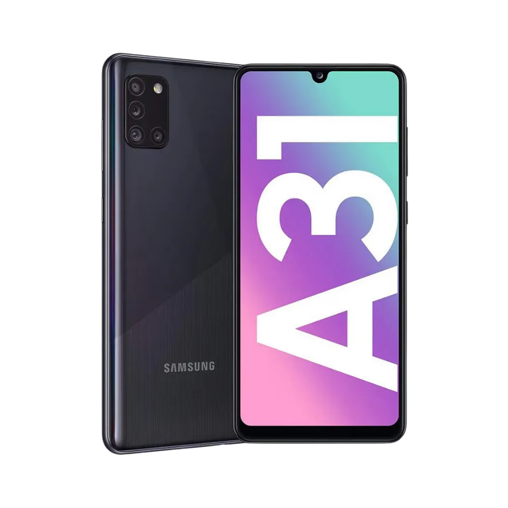 Samsung Galaxy A31 noir vu de face et de dos – réparation écran Super AMOLED, remplacement batterie et vitre arrière avec iTelier Lyon – diagnostic gratuit, service rapide, garantie pièces et main-d’œuvre.