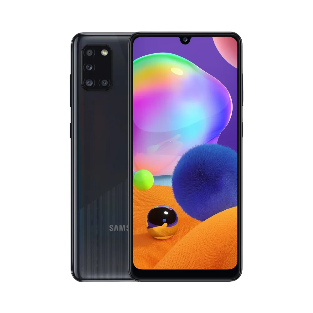 Dos noir Samsung Galaxy A31 avec quadruple caméra rectangulaire – réparation vitre arrière endommagée, changement batterie et restauration esthétique par iTelier Lyon – expertise locale, service garanti 1 an.