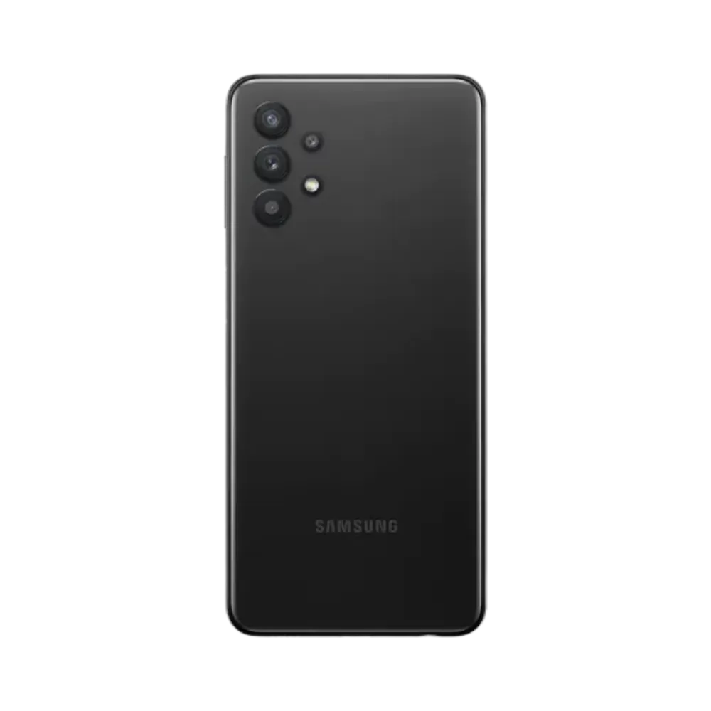 Dos noir Samsung Galaxy A32 4G avec quadruple caméra – réparation vitre arrière fissurée, changement batterie et remise à neuf par iTelier Lyon – expertise locale, diagnostic offert, garantie pièces et main-d’œuvre.