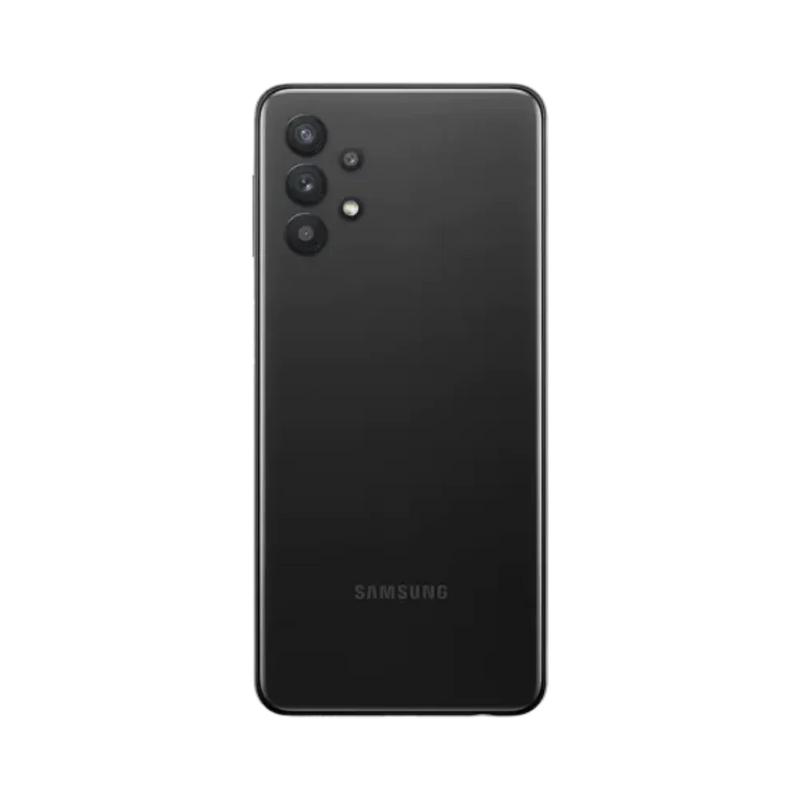 Dos noir Samsung Galaxy A32 4G avec quadruple caméra – réparation vitre arrière fissurée, changement batterie et remise à neuf par iTelier Lyon – expertise locale, diagnostic offert, garantie pièces et main-d’œuvre.