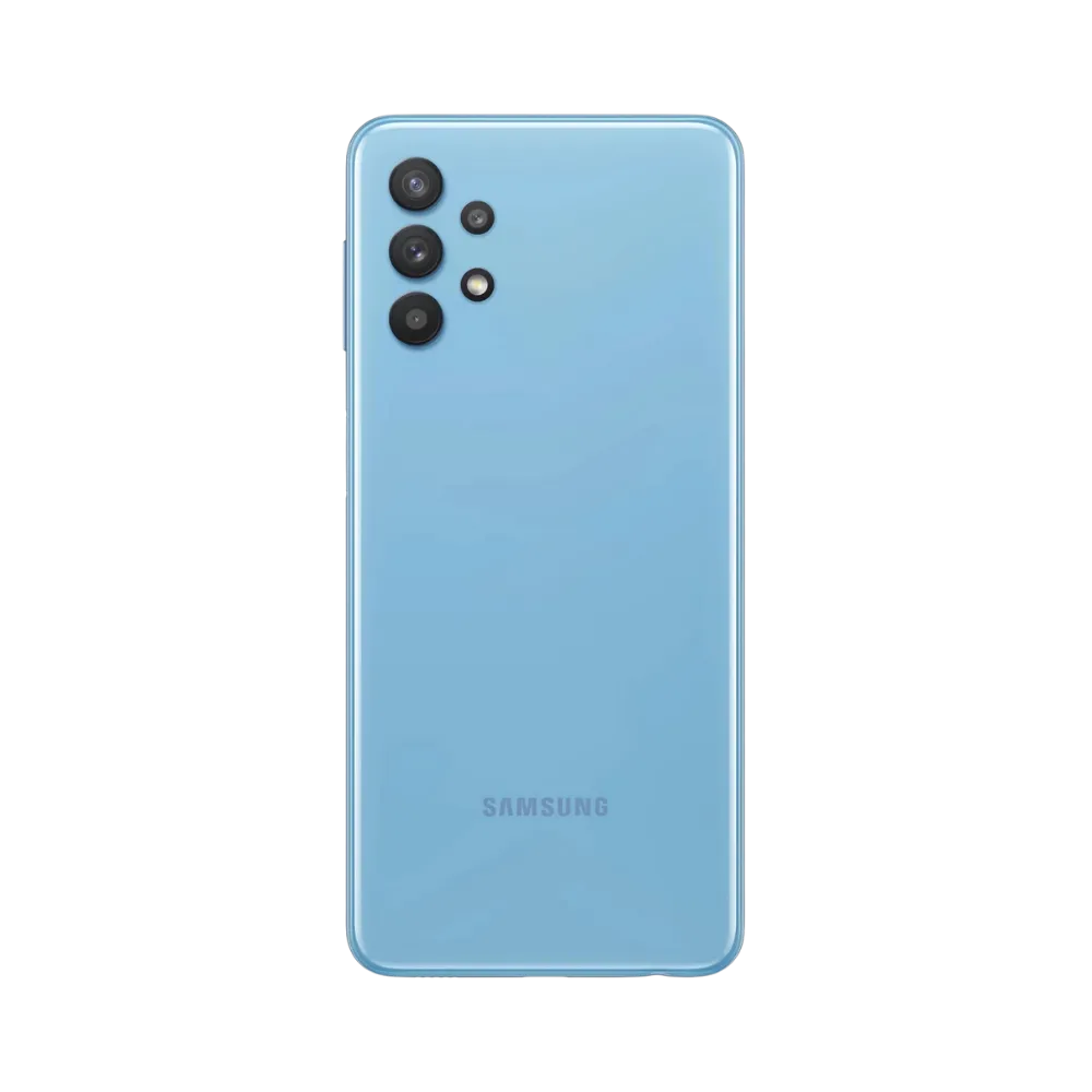 Dos bleu Samsung Galaxy A32 5G avec quadruple caméra – réparation vitre arrière fissurée, changement batterie et restauration esthétique par iTelier Lyon – service expert, diagnostic gratuit, garantie 1 an.