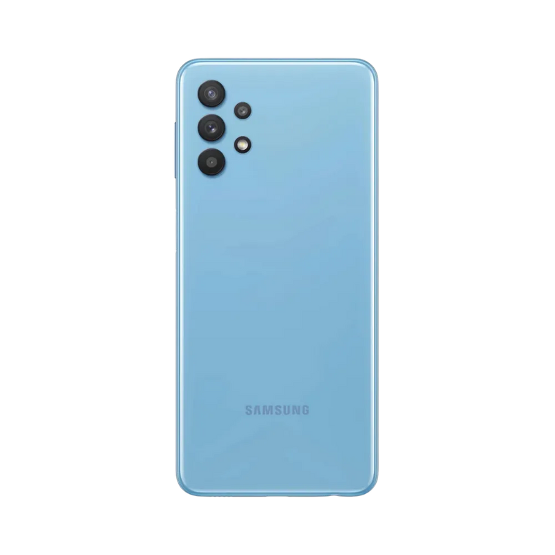 Dos bleu Samsung Galaxy A32 5G avec quadruple caméra – réparation vitre arrière fissurée, changement batterie et restauration esthétique par iTelier Lyon – service expert, diagnostic gratuit, garantie 1 an.