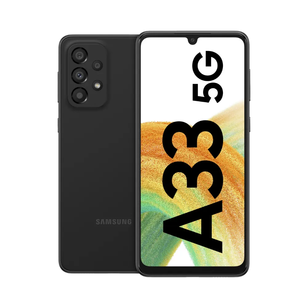 Samsung Galaxy A33 5G noir vu de face et de dos – réparation écran Super AMOLED, remplacement batterie et vitre arrière avec iTelier Lyon – diagnostic gratuit, service express, garantie pièces et main-d’œuvre.