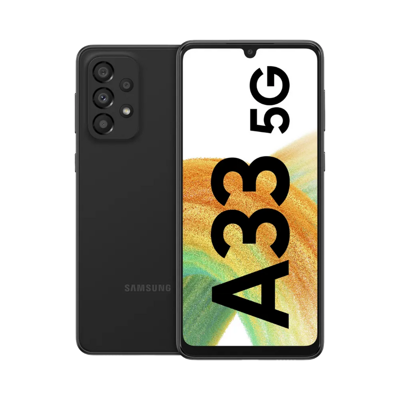 Samsung Galaxy A33 5G noir vu de face et de dos – réparation écran Super AMOLED, remplacement batterie et vitre arrière avec iTelier Lyon – diagnostic gratuit, service express, garantie pièces et main-d’œuvre.