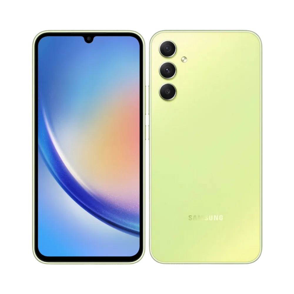 Samsung Galaxy A34 5G vert vu sous un angle incliné – réparation connecteur de charge, boutons latéraux et pièces internes avec iTelier Lyon – diagnostic offert, réparation rapide en boutique ou par envoi.