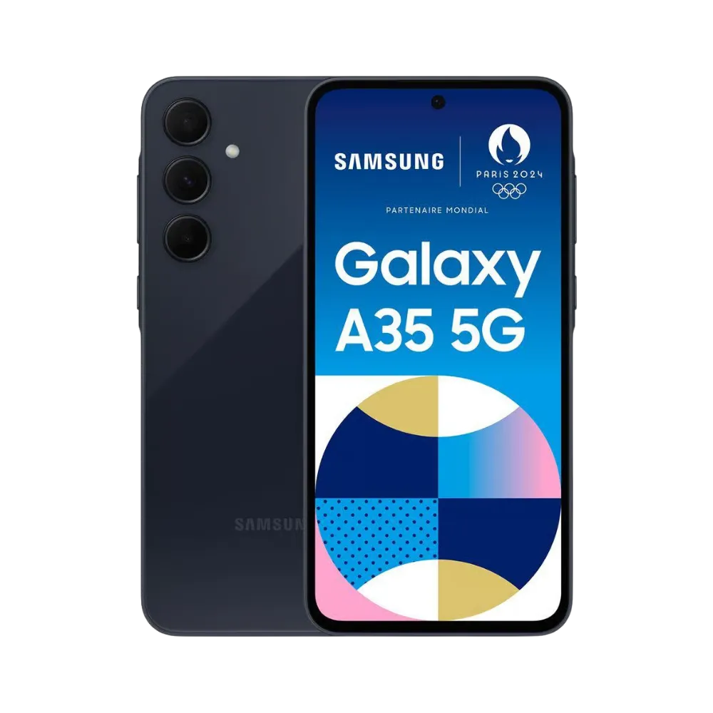 Samsung Galaxy A35 5G noir vu de face et de dos – réparation écran Super AMOLED, remplacement batterie et vitre arrière avec iTelier Lyon – diagnostic gratuit, service rapide, garantie pièces et main-d’œuvre.