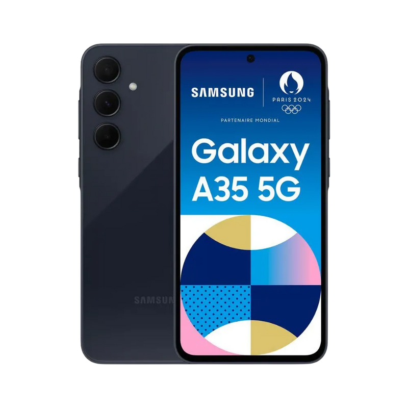 Samsung Galaxy A35 5G noir vu de face et de dos – réparation écran Super AMOLED, remplacement batterie et vitre arrière avec iTelier Lyon – diagnostic gratuit, service rapide, garantie pièces et main-d’œuvre.