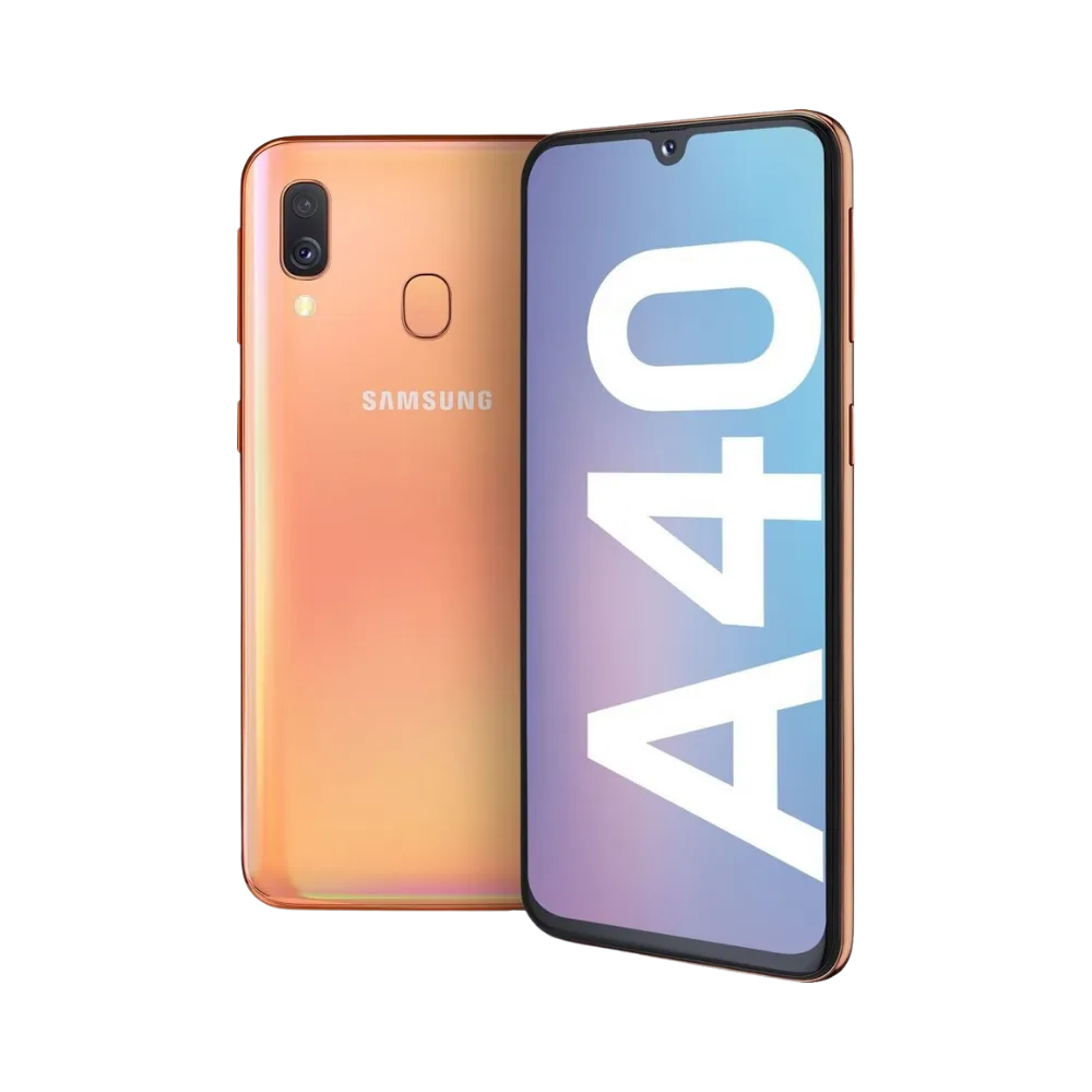Samsung Galaxy A40 orange vu de face et de dos – réparation écran Super AMOLED, remplacement batterie et vitre arrière avec iTelier Lyon – diagnostic gratuit, service express, garantie pièces et main-d’œuvre.