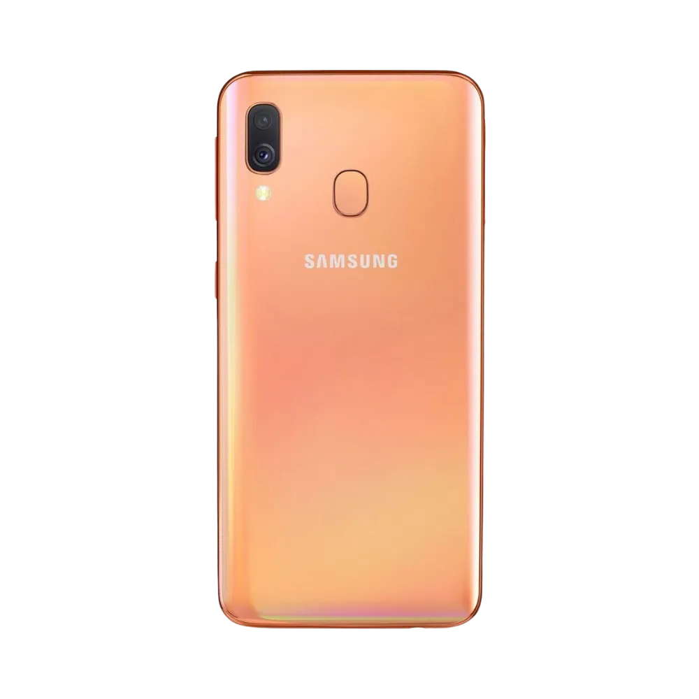 Dos orange Samsung Galaxy A40 avec double caméra et capteur d’empreintes – réparation vitre arrière fissurée, changement batterie et restauration esthétique par iTelier Lyon – service expert garanti 1 an.