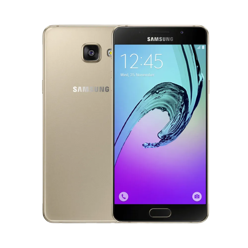 Samsung Galaxy A5 2016 doré vu de face et de dos – réparation écran AMOLED, remplacement batterie et vitre arrière avec iTelier Lyon – diagnostic gratuit, réparation express en boutique ou par correspondance.