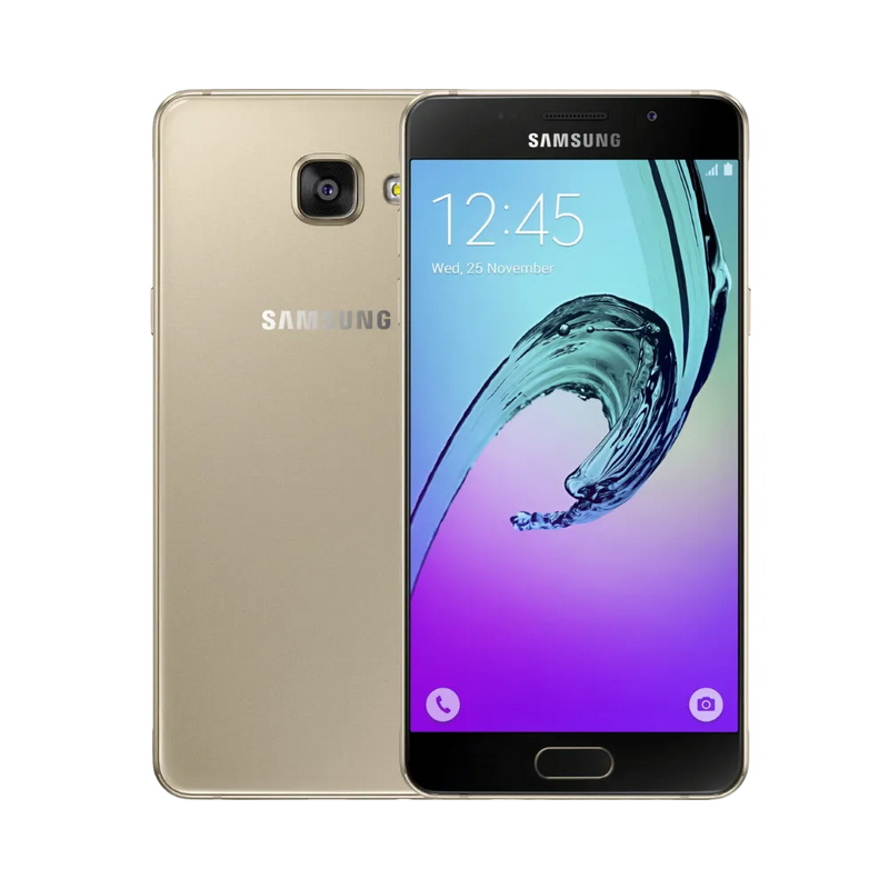 Samsung Galaxy A5 2016 doré vu de face et de dos – réparation écran AMOLED, remplacement batterie et vitre arrière avec iTelier Lyon – diagnostic gratuit, réparation express en boutique ou par correspondance.