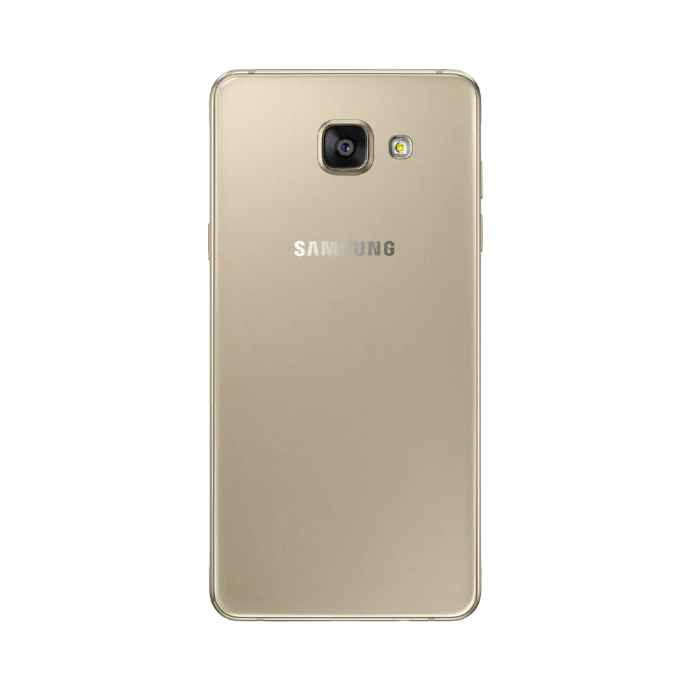 Dos doré Samsung Galaxy A5 2016 avec appareil photo carré – réparation vitre arrière cassée, remplacement batterie et restauration complète par iTelier Lyon – service professionnel garanti 1 an.