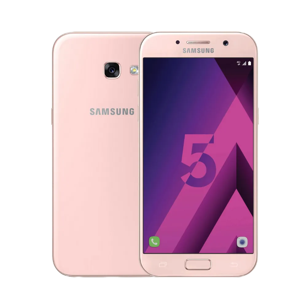Samsung Galaxy A5 2017 rose vu de face et de dos – réparation écran Super AMOLED, remplacement batterie et vitre arrière avec iTelier Lyon – diagnostic offert, service express, garantie pièces et main-d’œuvre.