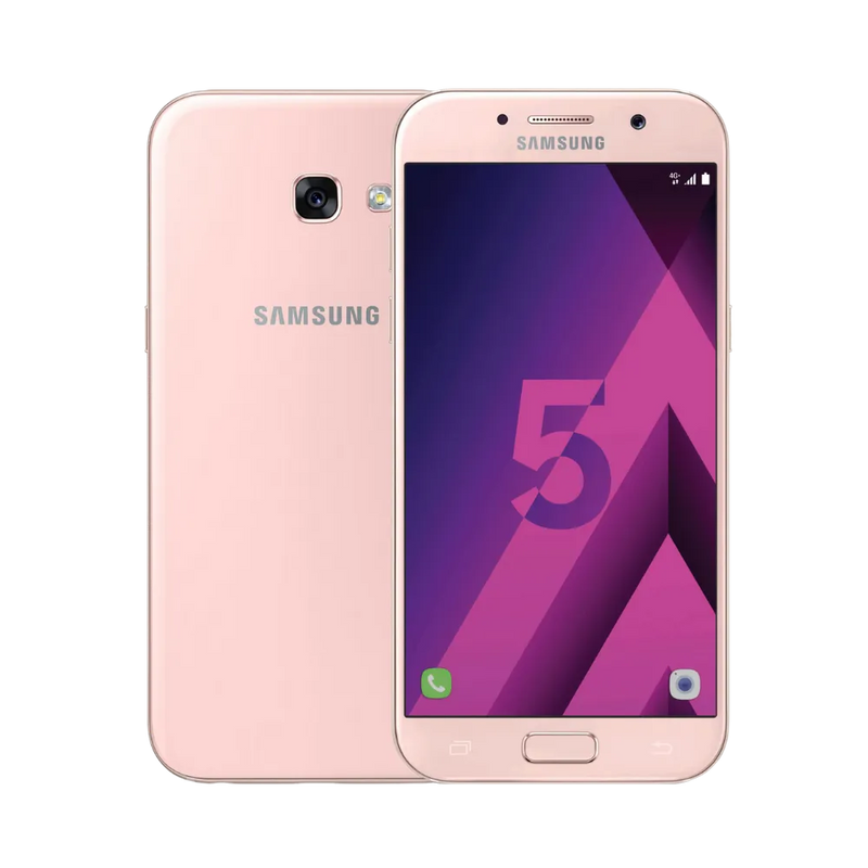 Samsung Galaxy A5 2017 rose vu de face et de dos – réparation écran Super AMOLED, remplacement batterie et vitre arrière avec iTelier Lyon – diagnostic offert, service express, garantie pièces et main-d’œuvre.