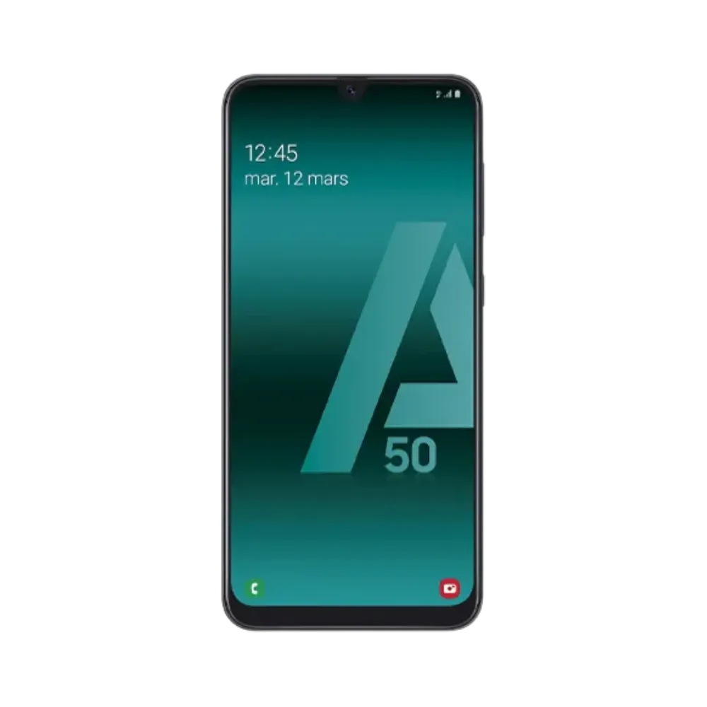 Écran complet Samsung Galaxy A50 affichant interface Android – remplacement écran fissuré ou tactile défectueux chez iTelier Lyon – pièces d’origine garanties 1 an, réparation rapide, envoi sécurisé France entière.