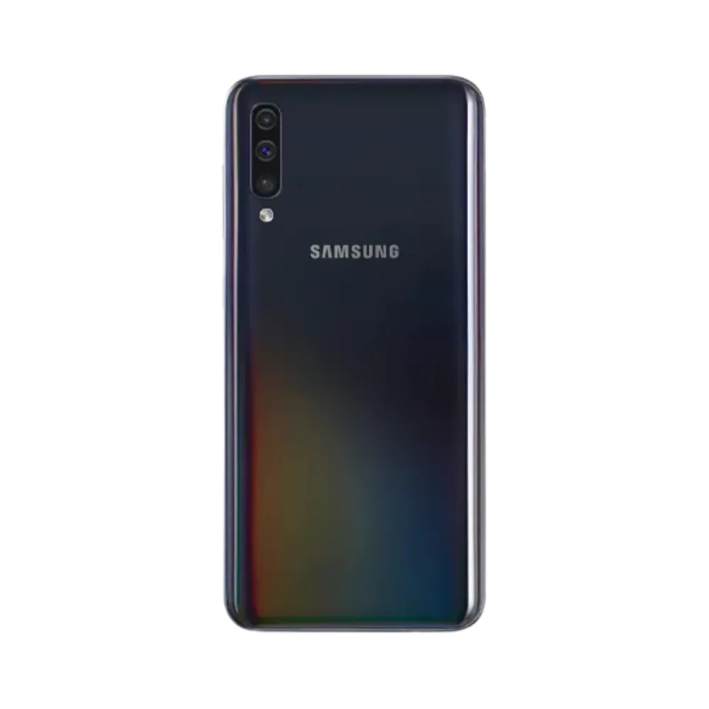 Dos noir irisé Samsung Galaxy A50 avec triple caméra verticale – réparation vitre arrière cassée, changement batterie et restauration esthétique par iTelier Lyon – service professionnel garanti 1 an.