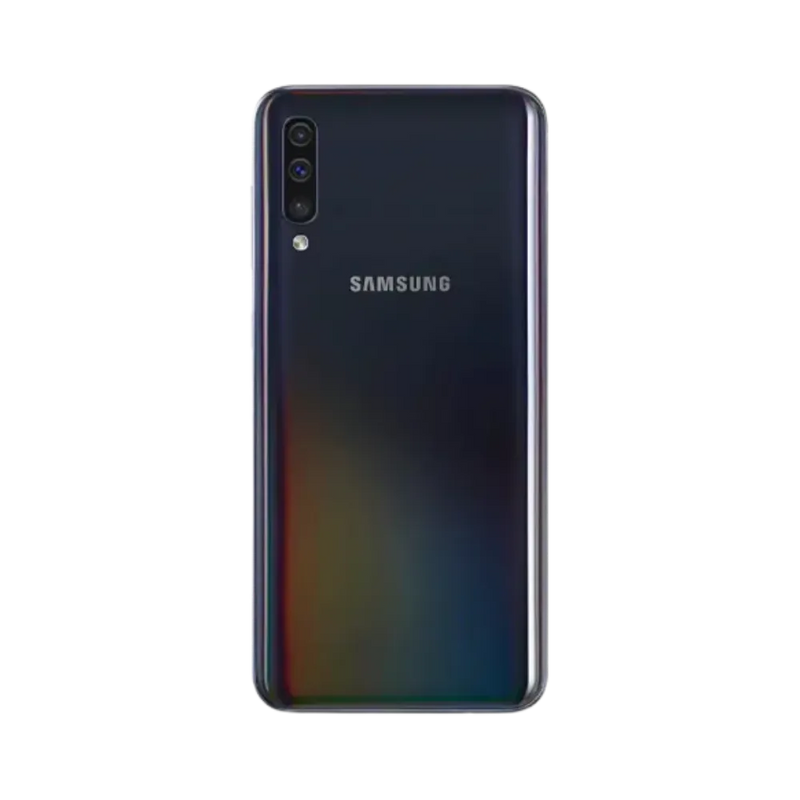 Dos noir irisé Samsung Galaxy A50 avec triple caméra verticale – réparation vitre arrière cassée, changement batterie et restauration esthétique par iTelier Lyon – service professionnel garanti 1 an.