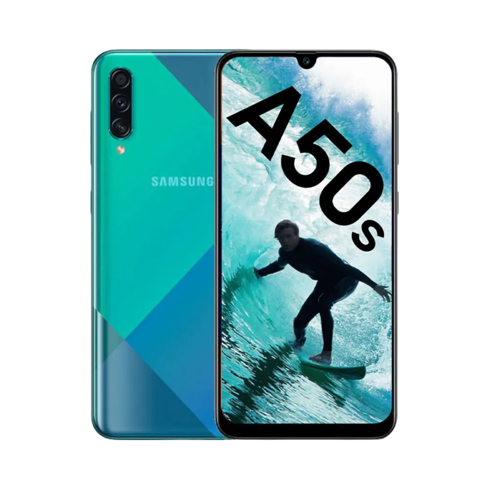 Samsung Galaxy A50s vert vu de face et de dos – réparation écran Super AMOLED, remplacement batterie et vitre arrière avec iTelier Lyon – diagnostic offert, service rapide, garantie pièces et main-d’œuvre.