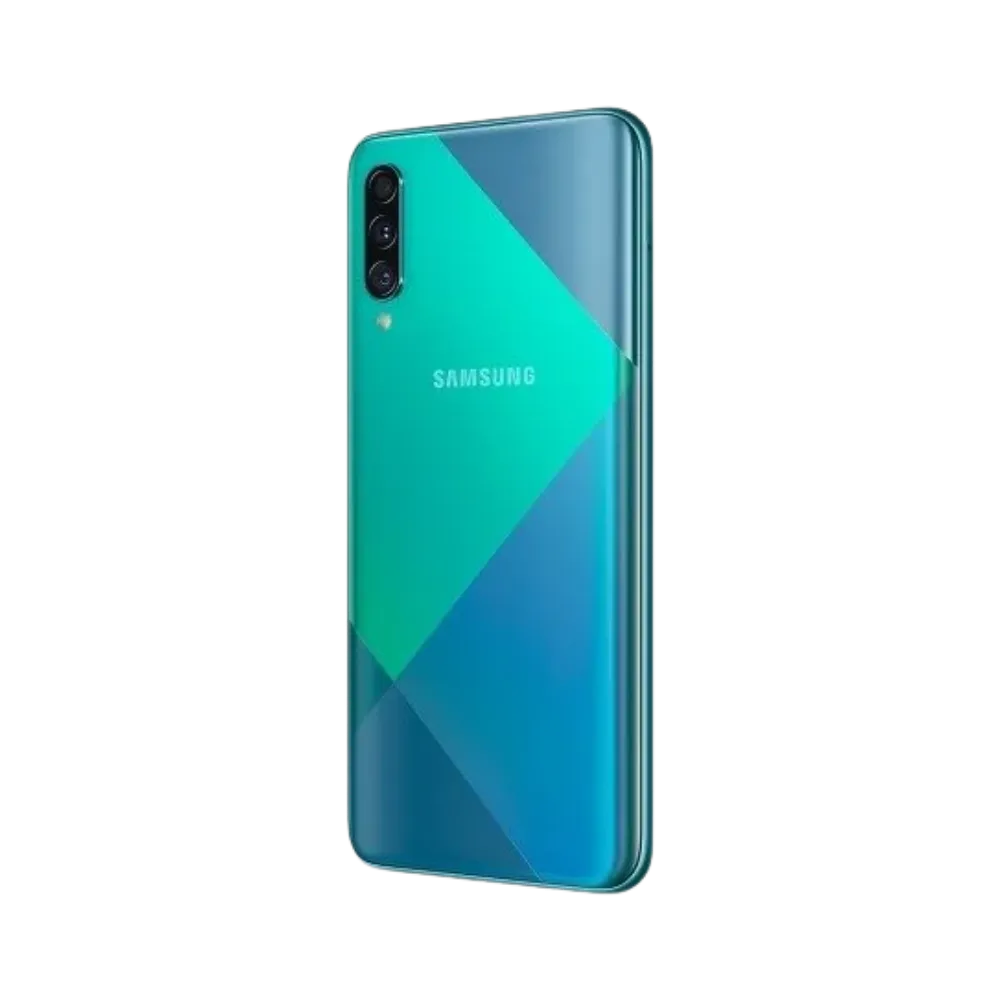 Dos vert Samsung Galaxy A50s avec triple caméra – réparation vitre arrière fissurée, changement batterie et restauration esthétique par iTelier Lyon – expertise locale, service garanti 1 an.
