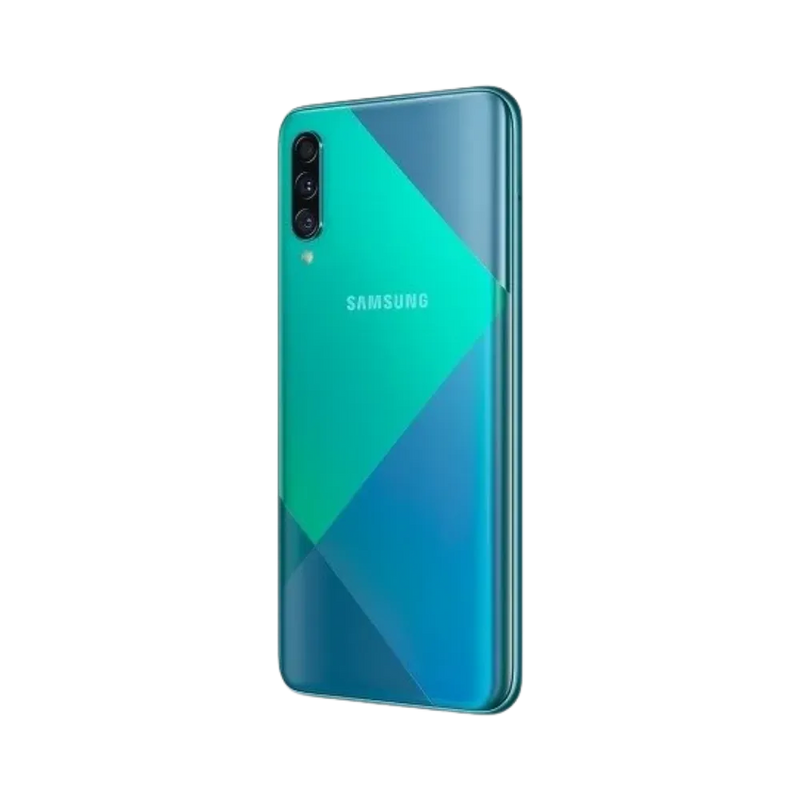 Dos vert Samsung Galaxy A50s avec triple caméra – réparation vitre arrière fissurée, changement batterie et restauration esthétique par iTelier Lyon – expertise locale, service garanti 1 an.