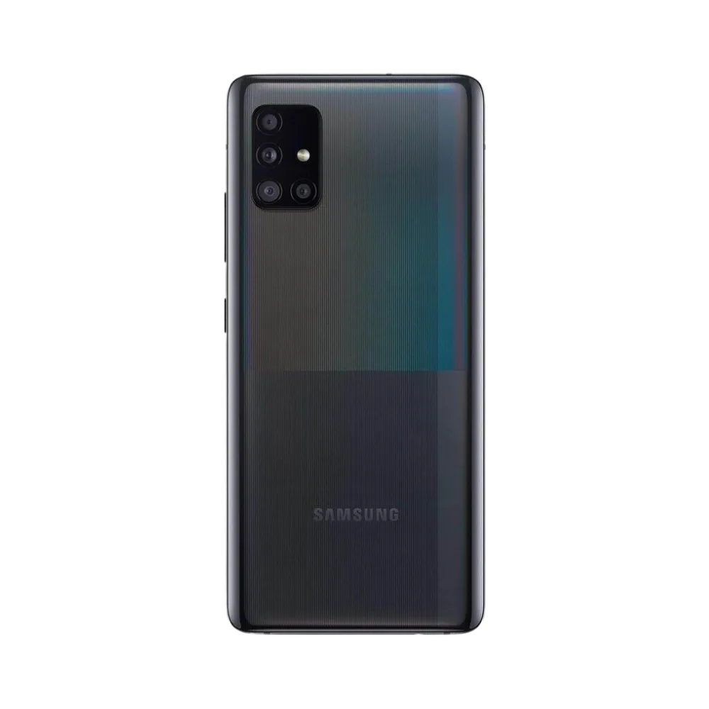 Dos noir Samsung Galaxy A51 5G avec quadruple caméra – réparation vitre arrière brisée, changement batterie et restauration esthétique par iTelier Lyon – service professionnel garanti 1 an.