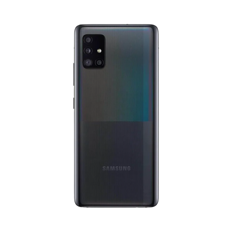 Dos noir Samsung Galaxy A51 5G avec quadruple caméra – réparation vitre arrière brisée, changement batterie et restauration esthétique par iTelier Lyon – service professionnel garanti 1 an.