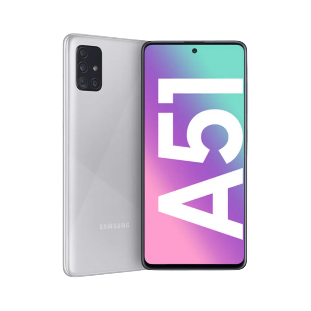 Samsung Galaxy A51 argenté vu de face et de dos – réparation écran Super AMOLED, remplacement batterie et vitre arrière avec iTelier Lyon – diagnostic gratuit, service express, garantie pièces et main-d’œuvre.