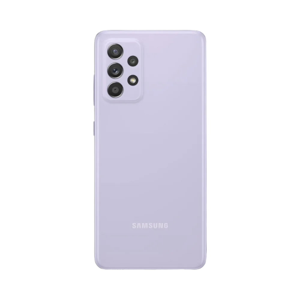 Dos violet Samsung Galaxy A52 avec quadruple caméra – réparation vitre arrière endommagée, changement batterie et restauration esthétique par iTelier Lyon – expertise locale, garantie pièces et main-d’œuvre.