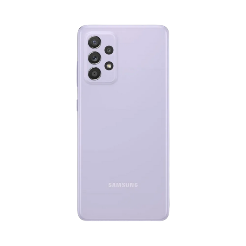 Dos violet Samsung Galaxy A52 avec quadruple caméra – réparation vitre arrière endommagée, changement batterie et restauration esthétique par iTelier Lyon – expertise locale, garantie pièces et main-d’œuvre.