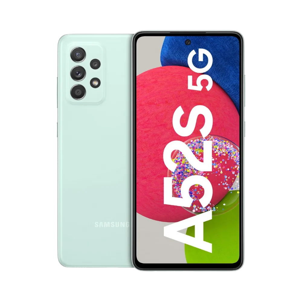 Samsung Galaxy A52s 5G vert clair vu de face et de dos – réparation écran AMOLED, remplacement batterie et vitre arrière avec iTelier Lyon – diagnostic offert, service rapide, garantie pièces et main-d’œuvre.