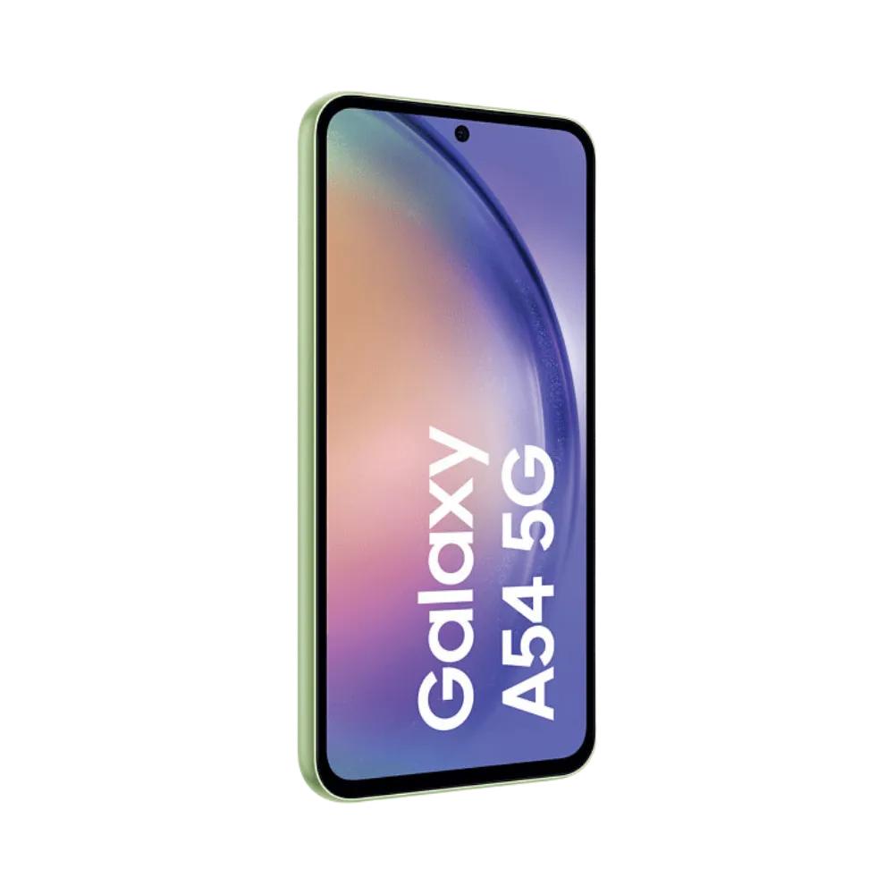 Samsung Galaxy A54 5G vert vu sous un angle incliné – réparation connecteur de charge, boutons latéraux, écran et batterie par iTelier Lyon – diagnostic offert, garantie 1 an, service national rapide.