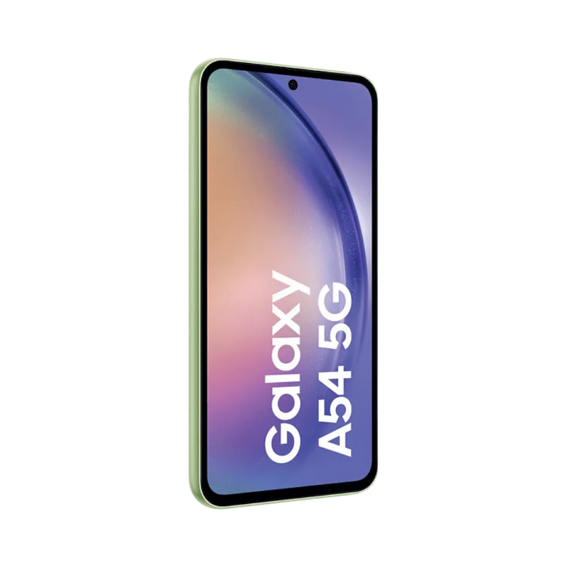 Samsung Galaxy A54 5G vert vu sous un angle incliné – réparation connecteur de charge, boutons latéraux, écran et batterie par iTelier Lyon – diagnostic offert, garantie 1 an, service national rapide.