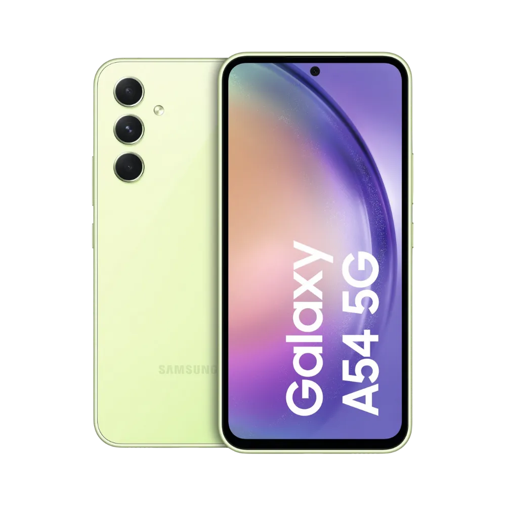 Samsung Galaxy A54 5G vert vu de face et de dos – réparation écran AMOLED, remplacement batterie et vitre arrière avec iTelier Lyon – diagnostic gratuit, service rapide, garantie pièces 1 an.
