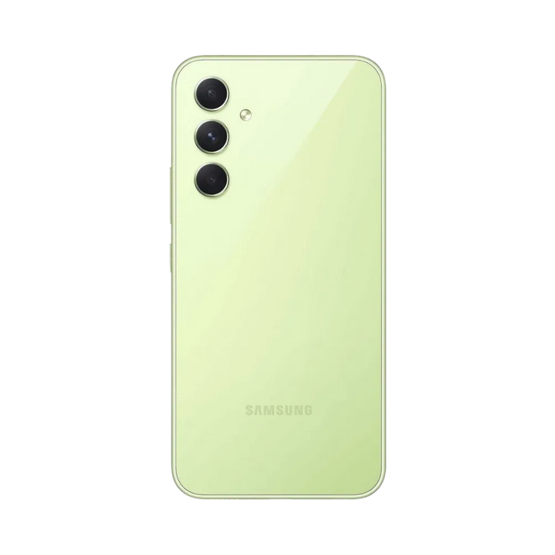 Dos vert Samsung Galaxy A54 5G avec triple caméra – réparation vitre arrière endommagée, changement batterie et restauration esthétique par iTelier Lyon – service professionnel garanti 1 an.