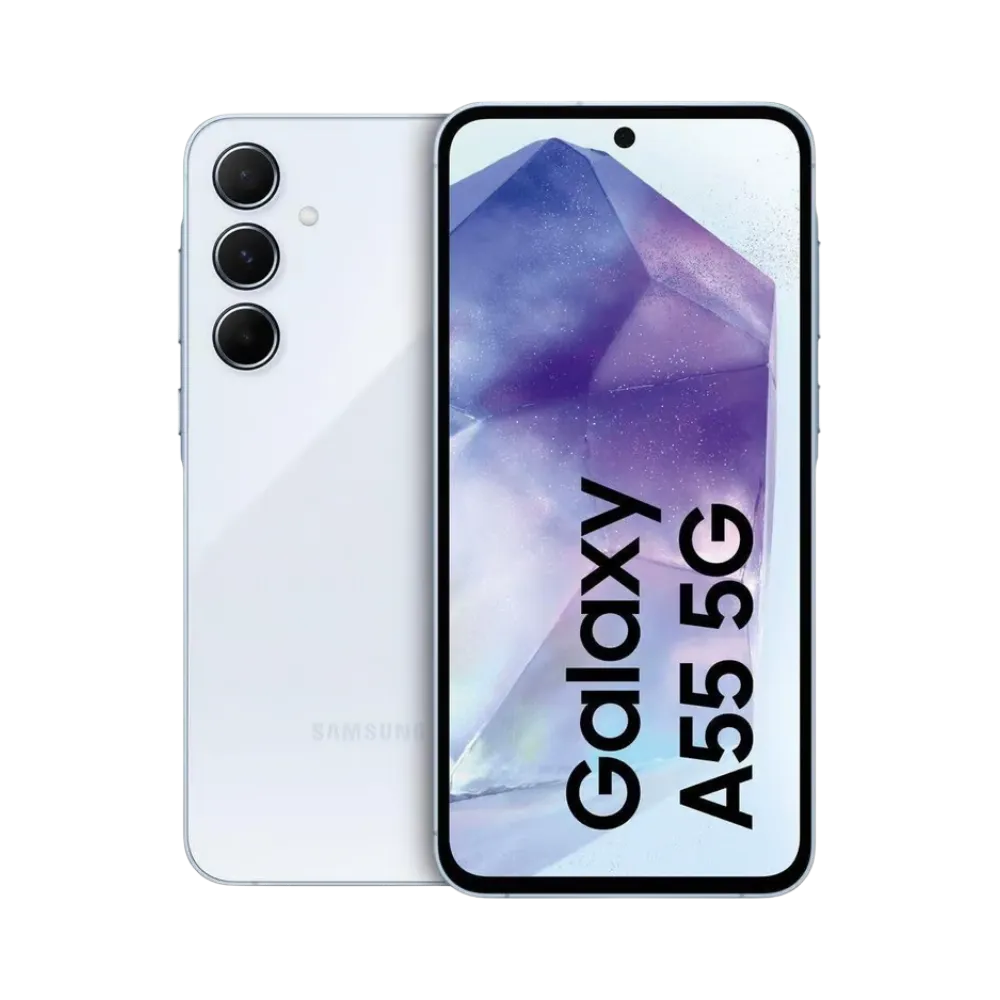 Samsung Galaxy A55 5G blanc vu de face et de dos – réparation écran AMOLED, remplacement batterie et vitre arrière avec iTelier Lyon – diagnostic gratuit, service express, garantie pièces 1 an.